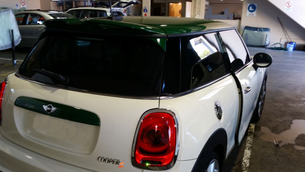rear window of MINI Hatch Cooper S car windshields tinted by Optimus Tinting Solutions